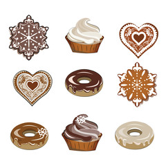 Sweets set for winter season with cupcakes, gingerbread cookies and donuts. Vector