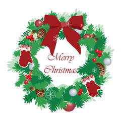 Christmas festive wreath with decorations and bells. Vector