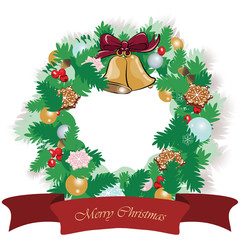 Christmas festive wreath with decorations and bells. Vector