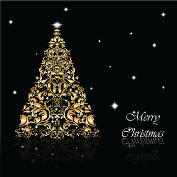 Classic royal golden ornamented Christmas tree card. Vector
