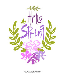 Hand Lettering Hello spring. Brush Pen lettering isolated on background. Handwritten vector Illustration. Background includes seamless pattern with flowers.