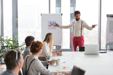 Hipster business man presenting the project in modern office.