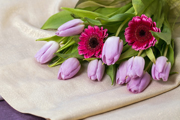 Wiosenny bukiet z tulipanów i gerber na fioletowym  złotym tle