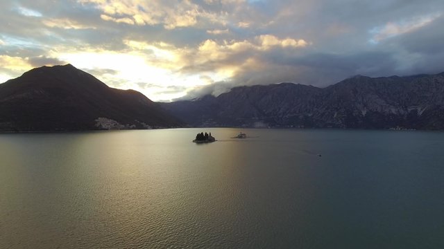 aerial view of Perast city in Kotor bay on the sunset