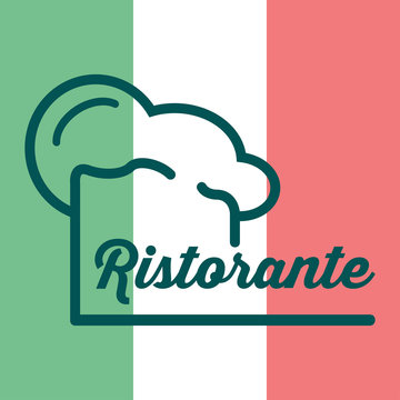 Icono plano gorro de cocinero y ristorante sobre bandera de Italia #1