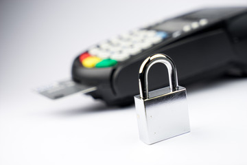 Credit Card machine payment security with key lock & padlock