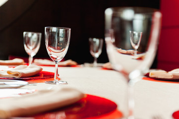 Wedding glasses filled with champagne at banquet