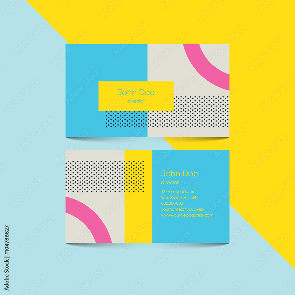 Poster material design business card template with 80s style background. modern retro elements and geometri