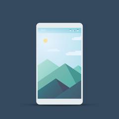Mobile user interface screen with material design background. Mountains landscape backdrop and summer weather.