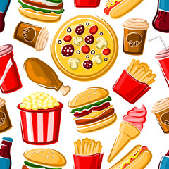 Seamless pattern of fast food dishes and drinks