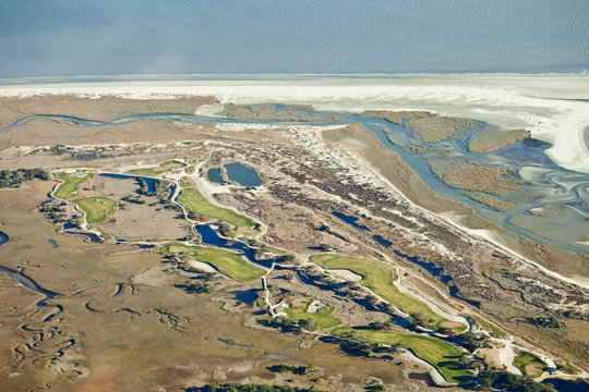 golf course on the ocean, aerial view