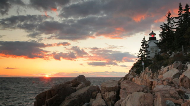 Time lapse of the Bass Harbor, Maine lighthouse during sunset.