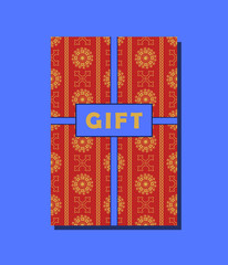 Red, orange and blue vector vintage gift card design with ornamental pattern background. Vector illustration