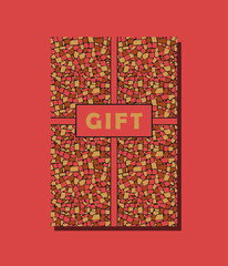 Red, yellow and brown vector vintage gift card design with asymmetric decorative tiles wall background. Vector illustration