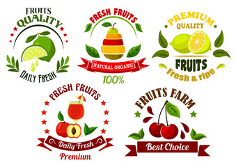 Organic food emblems with fresh fruits and juice