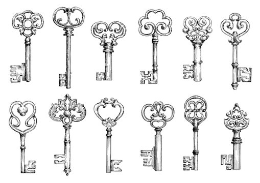 Vintage keys sketches in engraving style