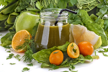 fresh homemade green smoothie with various fruits and vegetables