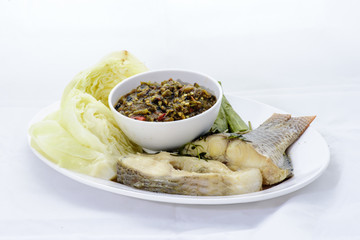 Thai cuisine nam prik or chili paste with various vegetables with steamed fish ,isan thai food