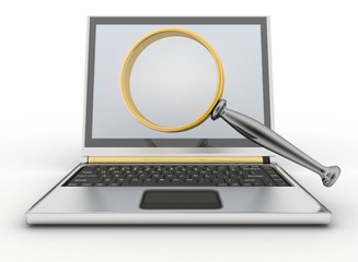 Laptop and magnifying glass. Conception of search of answers or support in the Internet. 3d illustration isolated on white background
