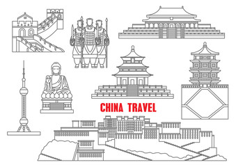 China landmarks thin line icons