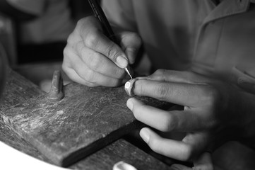 Obraz na płótnie Canvas Working desk for craft jewelery making with professional tools.