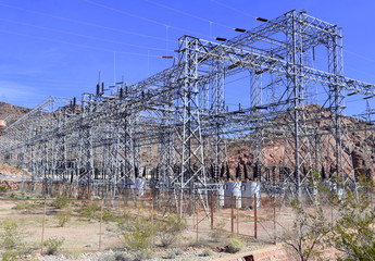Electrical substation with high voltage components in the desert outside Las Vegas, Nevada