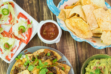 Mexican food. Nachos, quesadillas, guacamolle, tortilla chips.