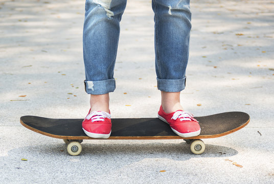 Skateboard Concrete Enjoy Jeans Exercise Play Concept