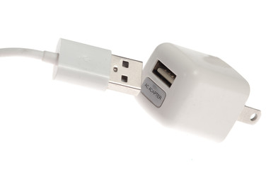 White adapter Charger with usb cable on white background