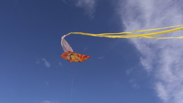 Kite up in the blue sky with lion's head on cloudy sunny day