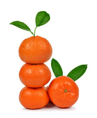 Fresh mandarines with green leaf isolated on white background