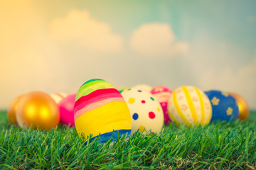 Fototapeta na wymiar Easter Eggs on Fresh Green Grass over blue sky ( Filtered image