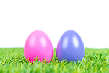 Easter Eggs on Fresh Green Grass over white background