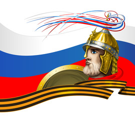Russian medieval warrior on the background of the Russian flag a