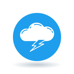Cloud lightning bolt icon. Cloud lightning strike sign. Electric storm symbol. White cloud electric strike icon on blue circle background. Vector illustration.