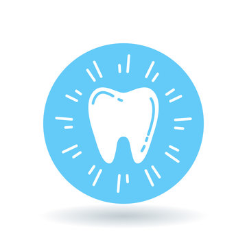 Healthy glowing tooth icon. Sparkling clean tooth sign. Cavity free white teeth symbol. White healthy tooth icon on blue circle background. Vector illustration.