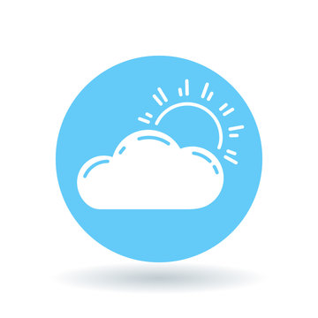 Sun and clouds icon. Partly cloudy sign. Sunlight and clouds symbol. White sun cloud icon on blue circle background. Vector illustration.