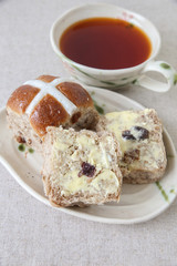 Easter Hot cross buns, selective focus