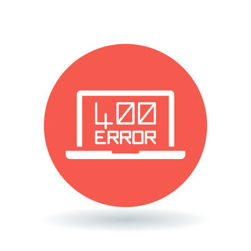 400 bad request error icon. Internet error sign. Laptop browser error symbol. White laptop 400 error icon on red circle background. Vector illustration.