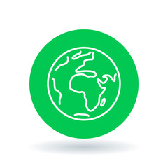 Planet earth icon. Green earth sign. Green planet symbol. White planet earth icon on green circle background. Vector illustration.