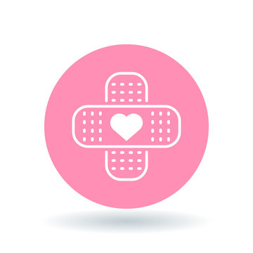 Band aid plaster heart icon. Bandage plaster love sign. Band aid plaster symbol. White plaster heart icon on pink circle background. Vector illustration.