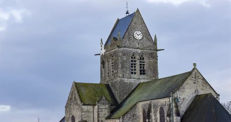 4K Timelapse Sequence of Sainte-Mère-Église, France - The Church