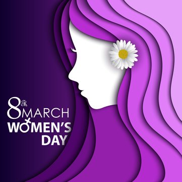 Women's Day greeting card with flower in ear on purple background with design of a women face and text 8th March Women Day