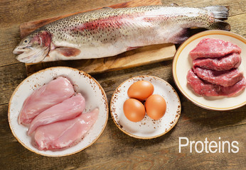 High Protein Foods on  wooden table.