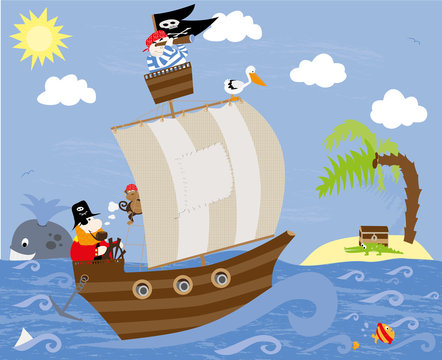 Cartoon pirate ship with pirates, pelican and a monkey and background with the see and the island,  treasure and smiling whale