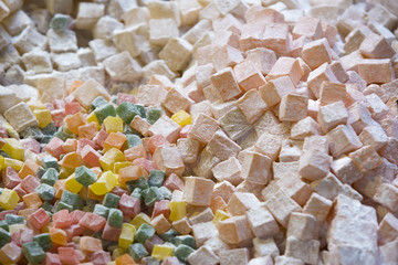 many colorful gummy candies and Turkish delight for background use