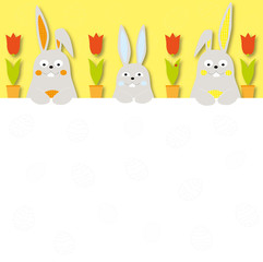 Cute Easter background with nice cartoon bunnies and red tulips