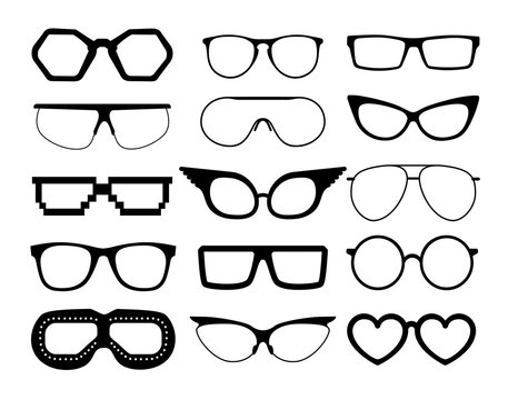 Set of vector glasses on white background, including  aviation and pixel style goggles.