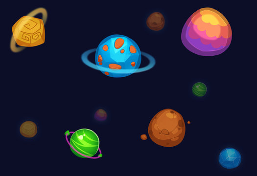 Creative Illustration and Innovative Art: Colorful Planets isolated on Dark Background. Realistic Fantastic Cartoon Style Artwork Scene, Wallpaper, Story Background, Card Design © info@nextmars.com