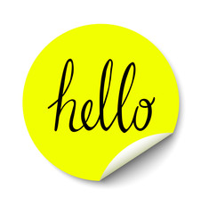 Vector yellow circle sticker with curled corner and hello text inside